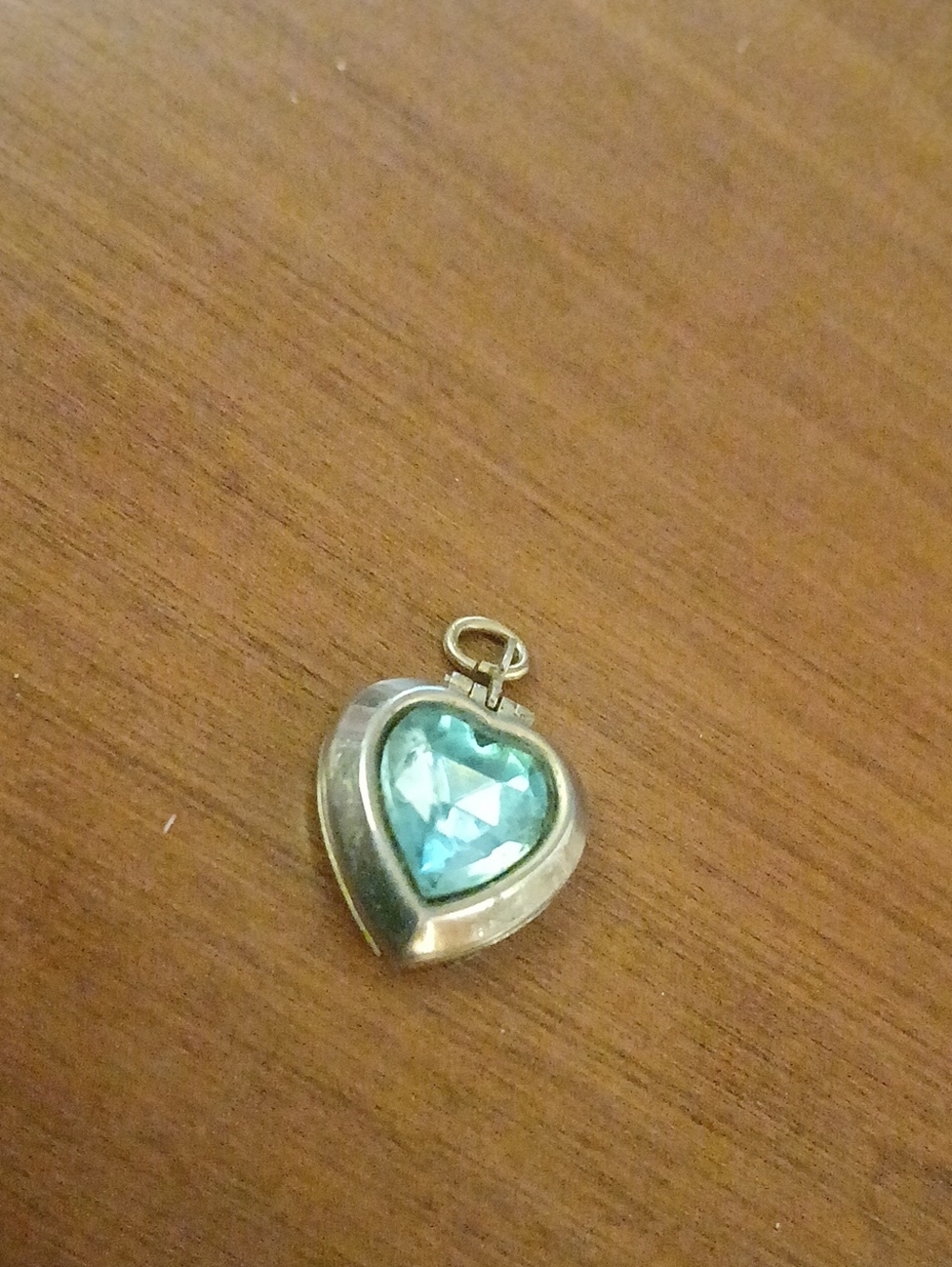 Silver Tone Heart Pendant Locket  with Blue Topaz Colored Crystal